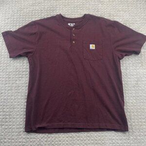 Carhartt Shirt Men Large L Burgundy Buttons T-Shirt Chest Pocket Logo Loose Fit